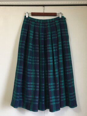 Vintage Plaid Wool Blend Maxi Skirt Pleated Folksy Green Red Blue
